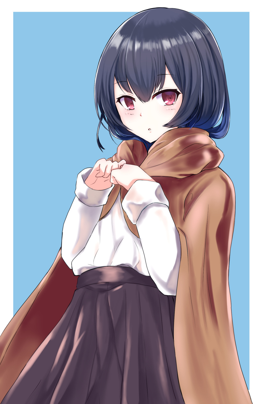 1girl :o black_hair black_skirt blue_background brown_cloak cowboy_shot hair_between_eyes hands_together highres hood hood_down idolmaster idolmaster_shiny_colors light_blush long_sleeves looking_at_viewer morino_rinze red_eyes shirt short_hair simple_background skirt solo soundsechop white_shirt