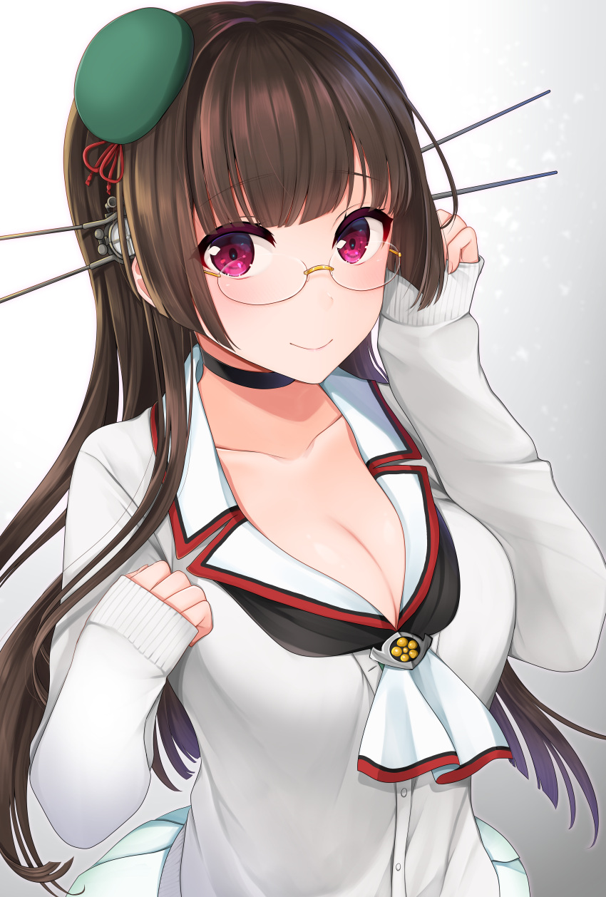 1girl absurdres alternate_costume bangs black_choker breasts brown_hair cardigan choker choukai_(kantai_collection) cleavage collarbone eyebrows_visible_through_hair glasses green_hat grey_background hair_ornament hand_in_hair hands_up hat hat_ribbon headgear highres huge_filesize kantai_collection long_hair long_sleeves looking_at_viewer mini_hat pleated_skirt red_eyes red_ribbon remodel_(kantai_collection) ribbon rimless_eyewear searchlight shirt skirt sleeves_past_wrists smile solo upper_body white_shirt yunamaro