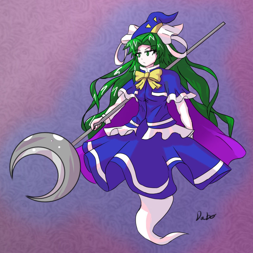 1girl abstract_background absurdres blue_capelet blue_hat blue_shirt blue_skirt bow bowtie cape capelet crescent_moon dabogon eyebrows_visible_through_hair full_body ghost_tail green_eyes green_hair hair_intakes hat hat_ribbon highres long_hair mima moon purple_background purple_cape ribbon shirt signature skirt skirt_set solo staff sun_print touhou white_ribbon wizard_hat yellow_bow yellow_neckwear