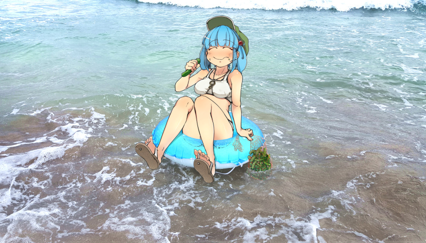 1girl ^_^ bangs bare_arms beach bikini blue_hair blush breasts closed_eyes closed_eyes closed_mouth collarbone commentary_request cucumber day eating eyebrows_visible_through_hair flanvia flat_cap food food_on_face green_hat hair_bobbles hair_ornament hand_up hat highres holding innertube kawashiro_nitori medium_breasts ocean outdoors photo_background short_hair short_twintails sidelocks slippers solo swimsuit touhou twintails water waves wavy_mouth white_bikini