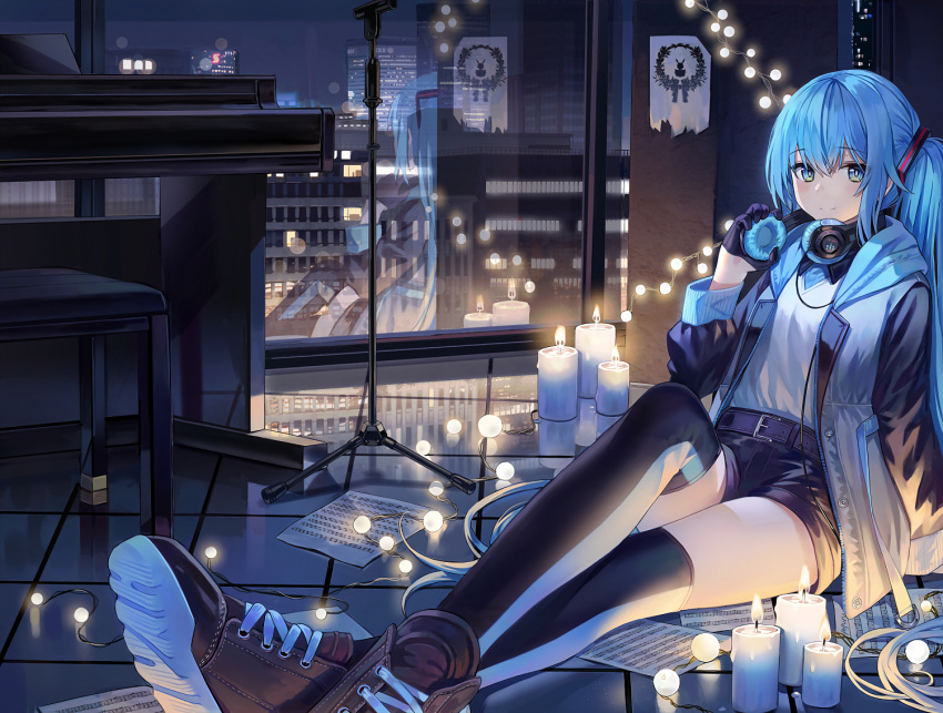 1girl arm_support bangs belt belt_buckle black_footwear black_gloves black_legwear black_shorts blue_eyes blue_hair blush buckle building cable candle christmas_lights city city_lights cityscape closed_mouth collared_shirt commentary_request eyebrows_visible_through_hair gloves hair_between_eyes hair_ornament hand_up hatsune_miku headphones headphones_around_neck holding hood hood_down hooded_jacket indoors instrument jacket long_hair long_sleeves looking_at_viewer microphone_stand night night_sky open_clothes open_jacket paper piano piano_bench popuru reclining reflection sheet_music shirt shoes short_shorts shorts sidelocks sky skyscraper smile sneakers solo thigh-highs twintails very_long_hair vocaloid white_jacket white_shirt window