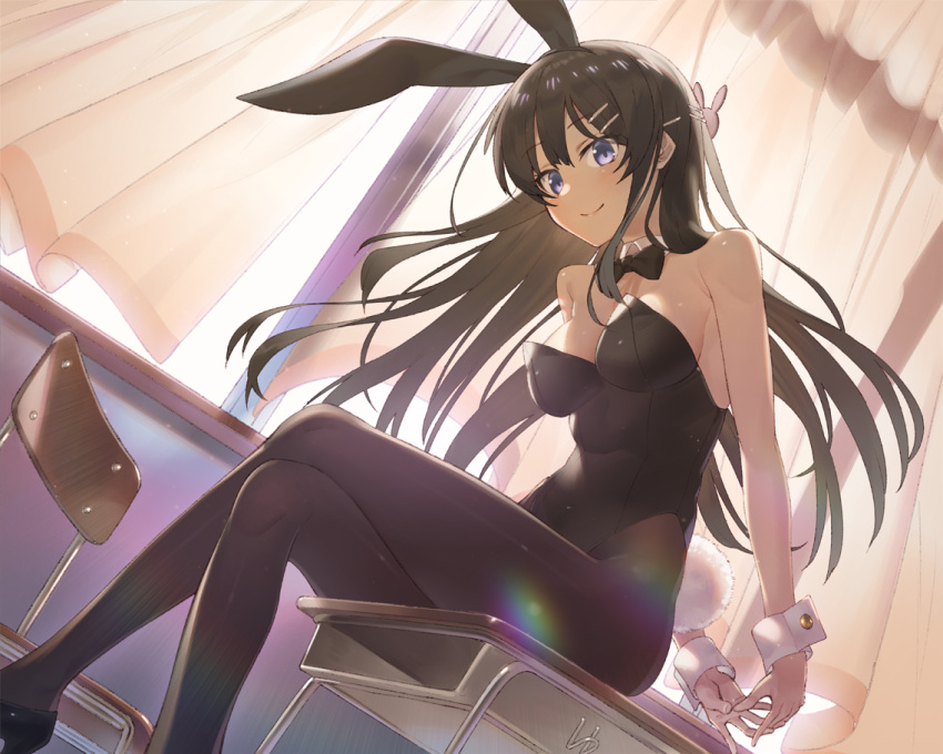 1girl animal_ears bare_shoulders black_footwear black_leotard black_neckwear blush bow bowtie breasts brown_hair brown_legwear bunny_girl bunny_tail bunnysuit chair closed_mouth commentary curtains day desk detached_collar feet_out_of_frame hair_ornament hairclip hayashi_kewi indoors leaning_forward legs_crossed leotard long_hair looking_at_viewer medium_breasts on_desk pantyhose rabbit_ears revision sakurajima_mai school_desk seishun_buta_yarou sitting sitting_on_desk smile solo strapless strapless_leotard sunlight tail very_long_hair violet_eyes white_collar window wing_collar wrist_cuffs