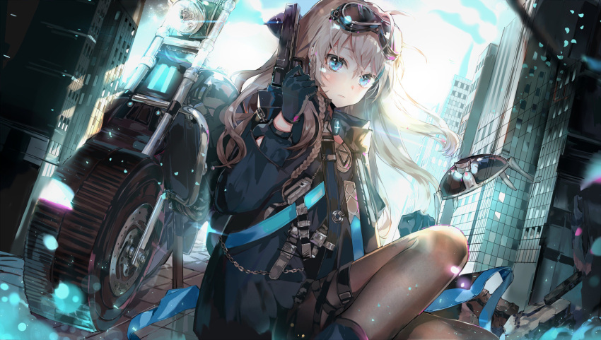 1girl b_rock bangs belt black_gloves black_legwear blue_eyes blush boots braid breasts brown_hair chains cityscape closed_mouth commentary dutch_angle eyebrows_visible_through_hair gloves goggles goggles_on_head ground_vehicle gun hair_between_eyes handgun highres holding holding_weapon holster iron_saga long_hair looking_at_viewer motor_vehicle motorcycle outdoors pantyhose petals sherry_(iron_saga) side_braid sitting solo thigh_holster weapon