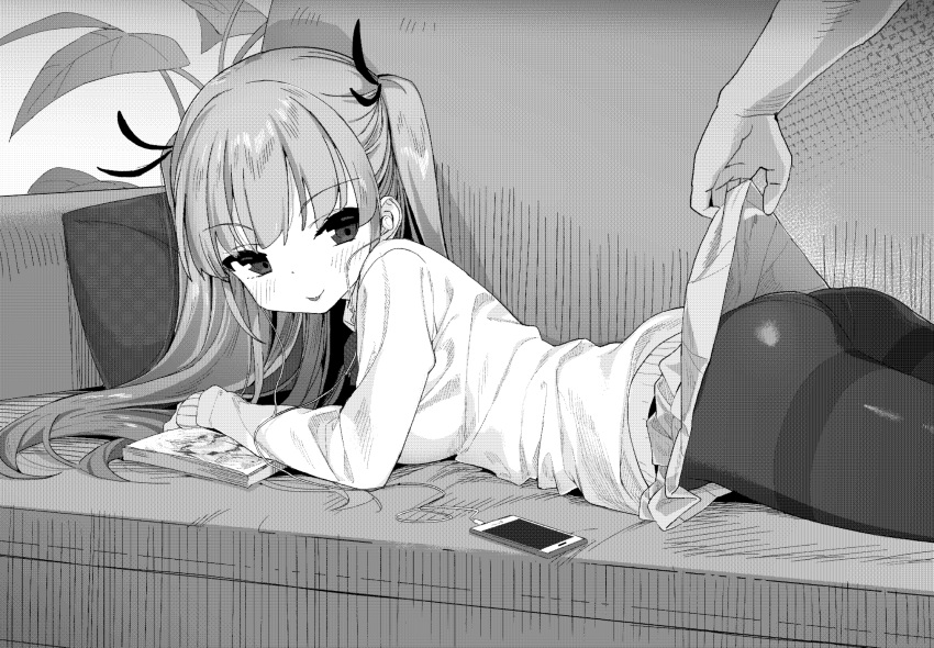 1boy 1girl ass bangs cellphone couch earphones eyebrows_visible_through_hair greyscale highres indoors long_hair long_sleeves lying magazine miniskirt monochrome naughty_face on_stomach original panties panties_under_pantyhose pantyhose phone plant school_uniform skirt skirt_lift smartphone solo_focus sweater takakura thighband_pantyhose twintails underwear