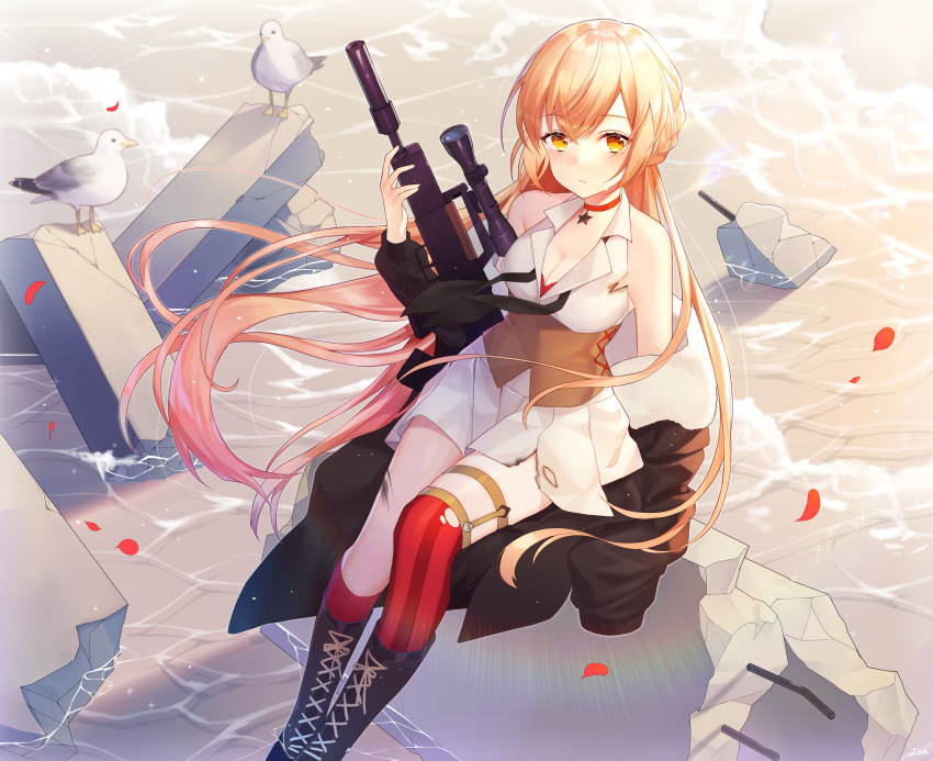 1girl absurdres animal arm_support bangs bare_shoulders beach bird black_coat black_footwear black_neckwear blonde_hair blush boots bra braid breasts choker cleavage coat collared_shirt commentary_request cross-laced_footwear day eyebrows_visible_through_hair fur-trimmed_coat fur_trim girls_frontline gun hand_up highres holding holding_gun holding_weapon huge_filesize ion_(on01e) long_hair long_sleeves looking_at_viewer medium_breasts miniskirt mismatched_legwear neckerchief ocean off_shoulder open_clothes open_coat ots-14 ots-14_(girls_frontline) outdoors parted_lips pleated_skirt red_bra red_legwear rifle rock scope seagull shirt sidelocks sitting skirt sleeveless sleeveless_shirt soaking_feet solo star striped striped_legwear torn_clothes torn_legwear underbust underwear very_long_hair water weapon white_shirt white_skirt yellow_eyes