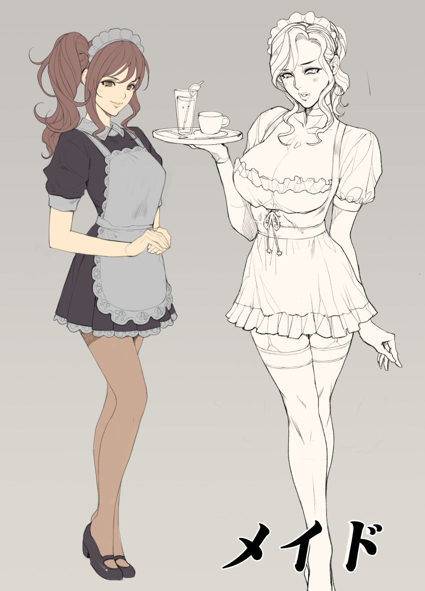 2girls absurdres apron breasts cleavage coffee_cup cup disposable_cup dress drinking_glass drinking_straw full_body garter_straps hair_ornament hands_together highres holding large_breasts maid maid_headdress mary_janes multiple_girls multiple_views oda_non original parted_lips shoes short_dress short_sleeves simple_background smile solo thigh-highs waitress