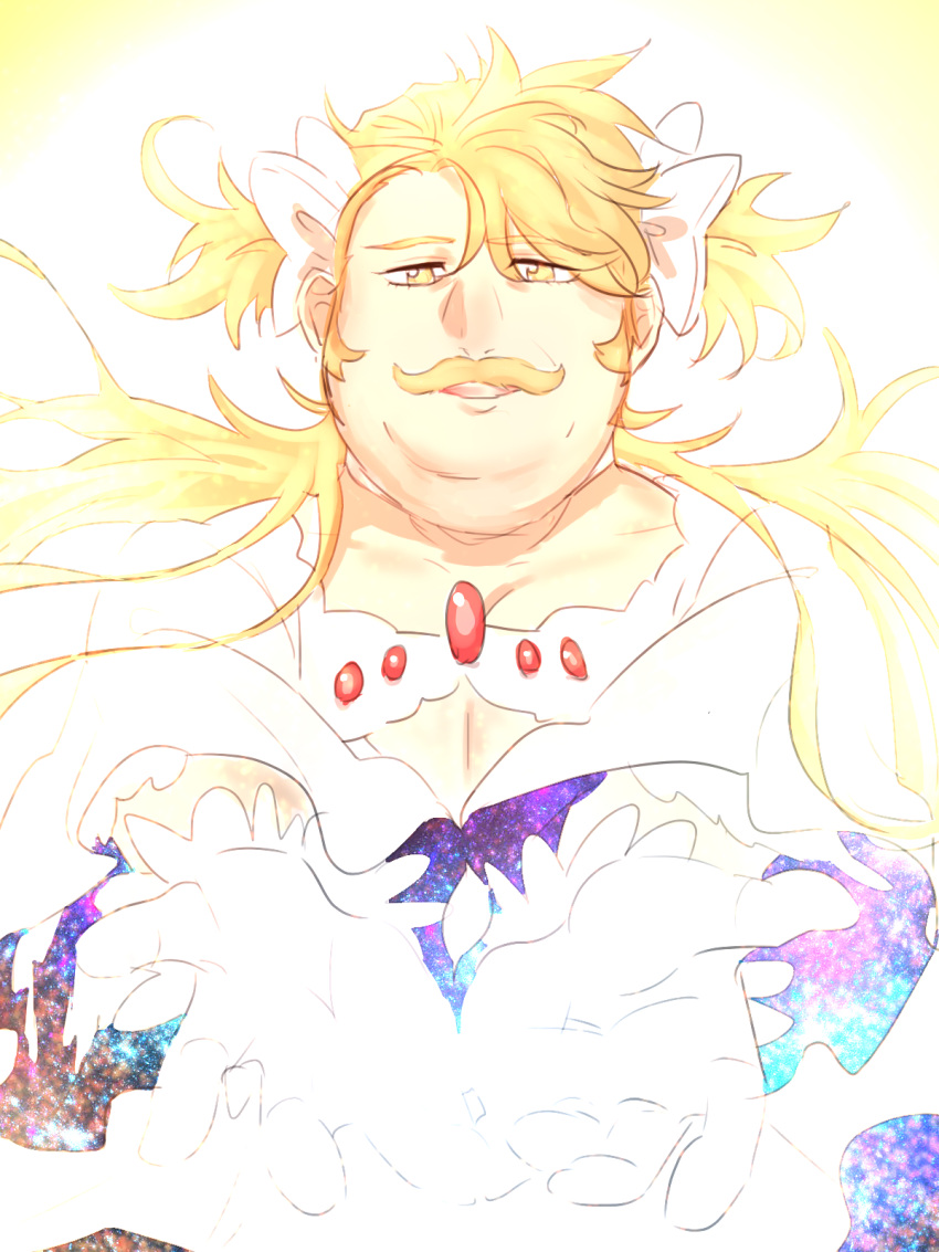 1boy blonde_hair bow chest commentary_request cosplay crossdressinging crossover double_chin double_exposure dress facial_hair fat fat_man fate/grand_order fate_(series) floating_hair gloves goddess_madoka goldorf_musik hair_bow half-closed_eyes highres long_hair long_sleeves magical_boy mahou_shoujo_madoka_magica male_focus mustache nebula open_mouth reaching_out smile solo twintails ultimate_madoka_(cosplay) upper_body white_gloves wide_sleeves yellow_eyes