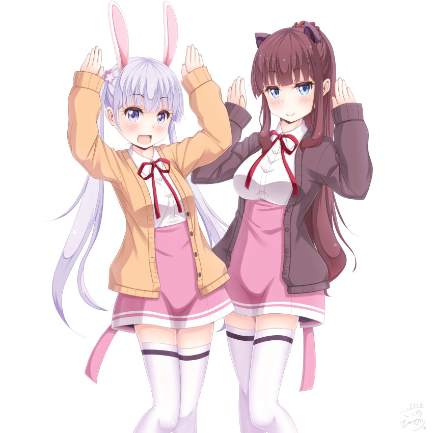 2girls :d absurdres alternate_costume animal_ears anna_miller arms_up bangs blue_eyes blush breasts brown_cardigan brown_hair bunny_pose cardigan cat_ears commentary_request contrapposto cowboy_shot highres lavender_eyes light_blue_hair long_hair long_sleeves looking_at_viewer medium_breasts multiple_girls neck_ribbon new_game! open_cardigan open_clothes open_mouth orange_cardigan pink_skirt rabbit_ears red_neckwear ribbon sainohikari shirt short_hair silver_hair skirt small_breasts smile standing suzukaze_aoba takimoto_hifumi thigh-highs two_side_up uniform very_long_hair waitress white_legwear white_shirt zettai_ryouiki