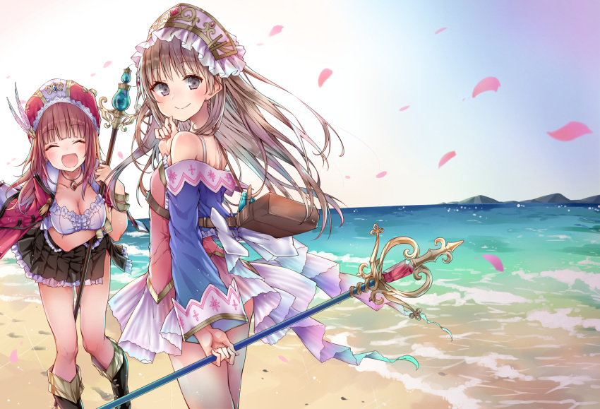 2girls :d alt atelier_(series) atelier_totori bag bangle bare_shoulders beach black_skirt blush boots bracelet breasts brown_eyes brown_hair clenched_hand closed_mouth collarbone day eyebrows_visible_through_hair footprints hat head_tilt headdress highres holding holding_staff jewelry leaning_forward long_hair looking_at_viewer looking_back medium_breasts multiple_girls necklace open_mouth outdoors petals pleated_skirt rororina_fryxell skirt sky smile sparkle staff totooria_helmold very_long_hair water wind