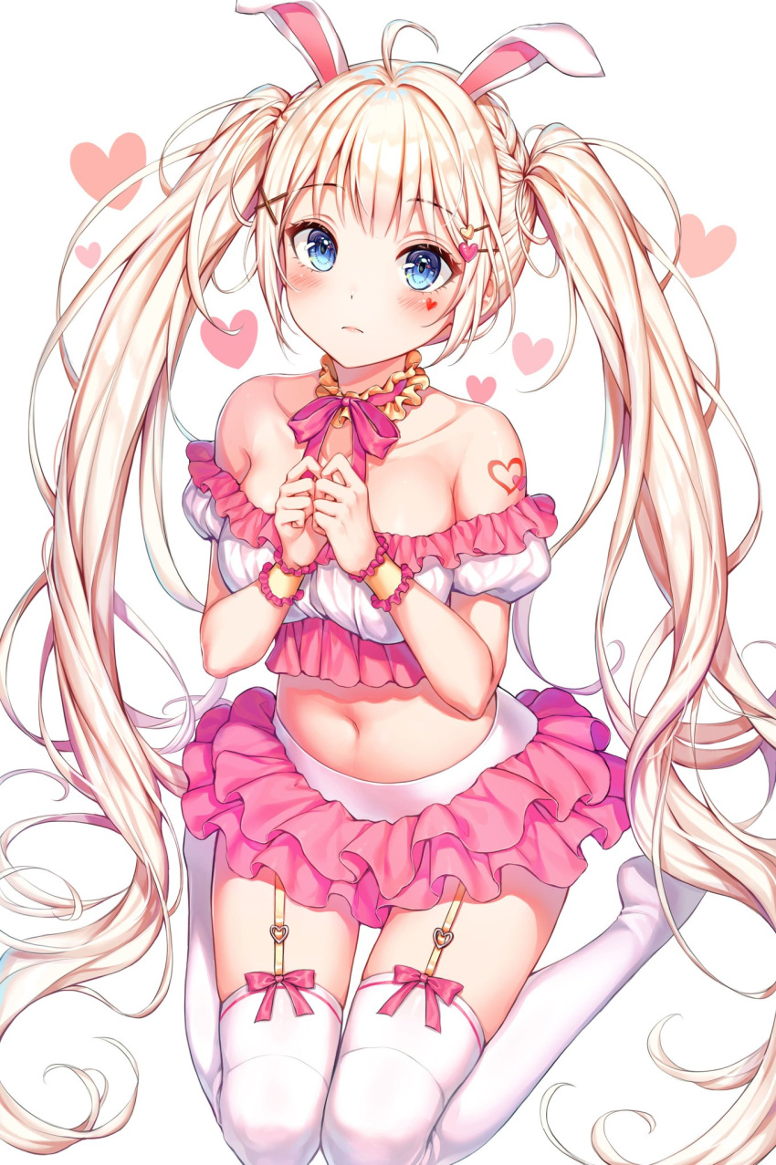 1girl ahoge animal_ears armpit_crease bangs bare_shoulders blonde_hair blue_eyes blush breasts choker closed_mouth collarbone commentary_request crop_top expressionless eyebrows_visible_through_hair facial_mark frilled_choker frilled_cuffs frills garter_straps hair_ornament hairclip hands_together hands_up heart heart_hair_ornament heart_tattoo highres layered_skirt long_hair looking_at_viewer medium_breasts midriff miniskirt navel no_shoes off_shoulder original pink_skirt r_o_ha rabbit_ears sidelocks simple_background sitting skirt solo stomach symbol_commentary tareme tattoo thigh-highs twintails very_long_hair wariza white_background white_legwear wrist_cuffs x_hair_ornament zettai_ryouiki