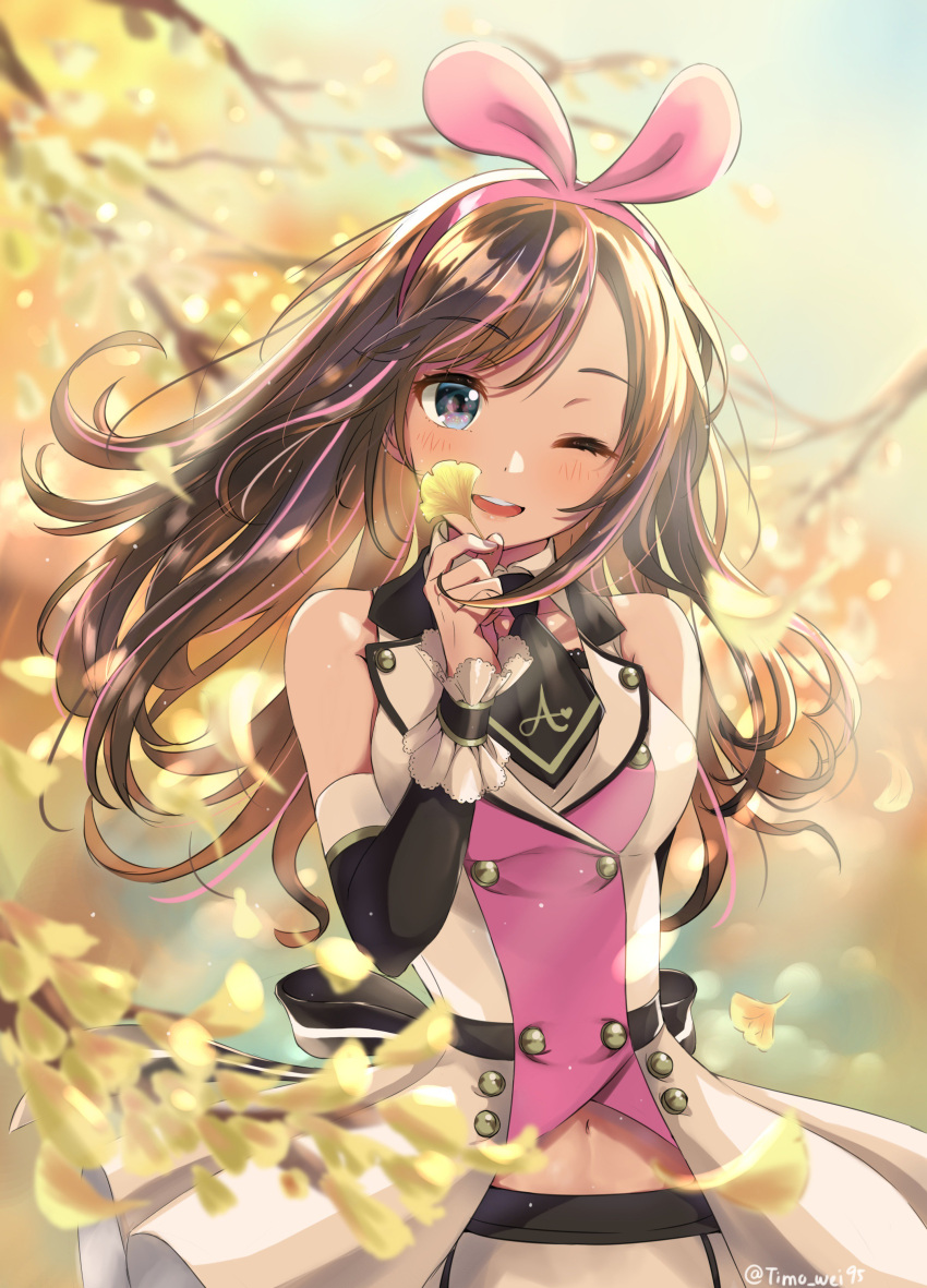 1girl a.i._channel absurdres bangs blue_eyes blurry blush bow breasts brown_hair depth_of_field detached_sleeves eyebrows_visible_through_hair floating_hair flower hair_between_eyes hairband highres holding holding_flower kizuna_ai long_hair looking_at_viewer medium_breasts multicolored_hair navel one_eye_closed open_mouth outdoors pink_hair ribbon sailor_collar shorts sidelocks signature smile solo streaked_hair timo_wei95 virtual_youtuber wind wind_lift