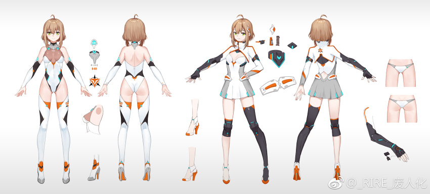 1girl ahoge arms_at_sides ass bare_back boots breasts brown_hair character_sheet cleavage cleavage_cutout covered_navel cropped_jacket dress elbow_gloves eyebrows_visible_through_hair fingerless_gloves gloves gluteal_fold gradient gradient_background green_eyes hair_ornament halterneck high_heel_boots high_heels highres leotard medium_breasts multiple_views original short_dress short_hair_with_long_locks sidelocks simple_background single_thighhigh smile smile_(mm-l) standing thigh-highs thigh_boots weibo_username
