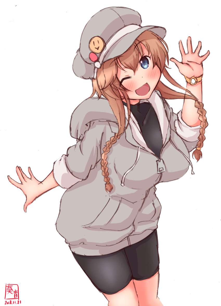 1girl alternate_costume artist_logo beret black_bodysuit bodysuit braid breasts brown_hair collarbone commentary_request cowboy_shot dated eyebrows_visible_through_hair grey_eyes hair_between_eyes hat highres hood hooded_jacket jacket kanon_(kurogane_knights) kantai_collection light_brown_hair long_hair long_sleeves looking_at_viewer one_eye_closed open_clothes open_jacket open_mouth revision salute signature simple_background sleeves_rolled_up smile solo standing teruzuki_(kantai_collection) twin_braids watch white_background zipper