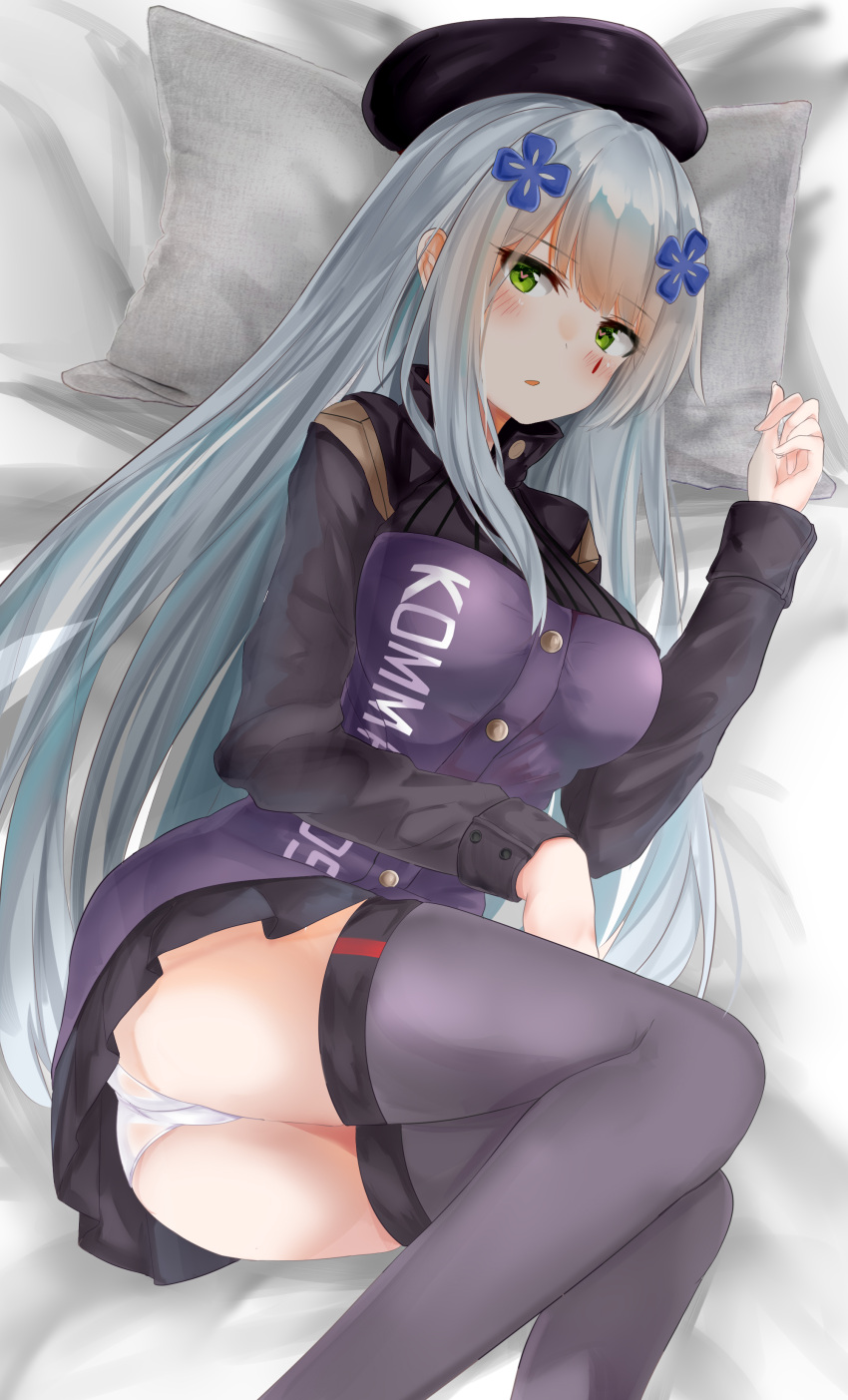 1girl absurdres ass bangs beret blunt_bangs blush breasts clothes_writing eyebrows_visible_through_hair facial_mark girls_frontline gloves green_eyes hair_ornament hat heart heart-shaped_pupils highres hk416_(girls_frontline) jacket long_hair looking_at_viewer lying medium_breasts on_bed on_side open_mouth panties pantyshot pantyshot_(lying) pillow plaid plaid_skirt pleated_skirt purple_legwear ru_zhai silver_hair skirt solo symbol-shaped_pupils teardrop thigh-highs underwear very_long_hair white_panties