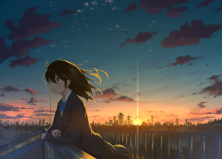 1girl ahoge backlighting bangs black_hair black_skirt blazer blue_jacket blue_neckwear blush bow bowtie breasts brown_eyes city city_lights cityscape clouds cloudy_sky collared_shirt commentary_request diffraction_spikes evening floating_hair gamyuu_(gamyu) gradient_sky hair_between_eyes jacket leaning_forward long_hair long_sleeves looking_to_the_side miniskirt original outdoors overpass parted_lips pleated_skirt railing scenery school_uniform shirt sidelocks skirt sky skyline solo sun sunset tree white_shirt wind wing_collar