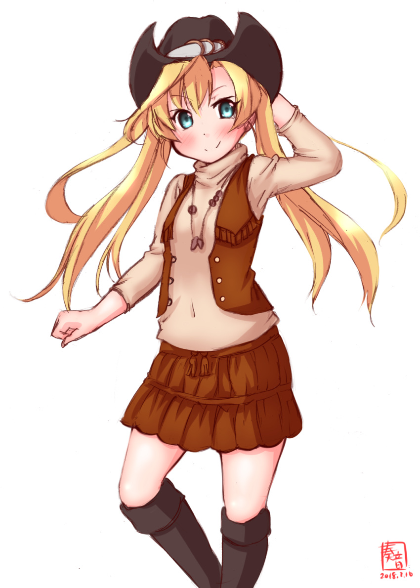 1girl abukuma_(kantai_collection) alternate_costume artist_logo black_legwear blonde_hair blue_eyes brown_skirt brown_vest commentary_request cowboy_hat dated frilled_skirt frills hat highres jewelry kanon_(kurogane_knights) kantai_collection long_hair looking_at_viewer necklace revision simple_background skirt smile solo twintails vest western white_background