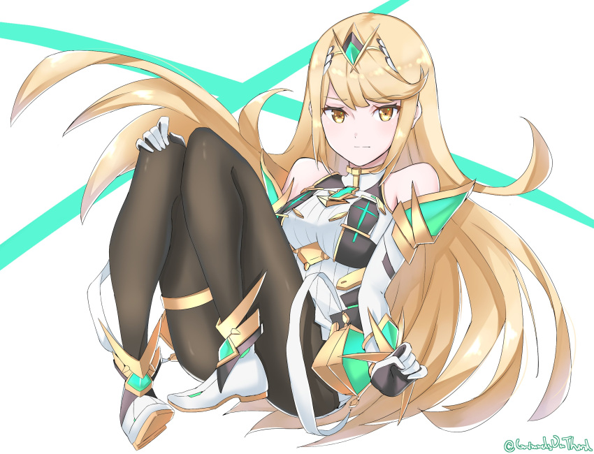 1girl alternate_costume armor bare_shoulders blonde_hair closed_mouth gem gloves grimmelsdathird headpiece highres mythra_(xenoblade) long_hair nintendo pantyhose simple_background sitting solo spirit_(super_smash_bros.) super_smash_bros. super_smash_bros._ultimate tiara twitter_username white_background xenoblade_(series) xenoblade_2 yellow_eyes
