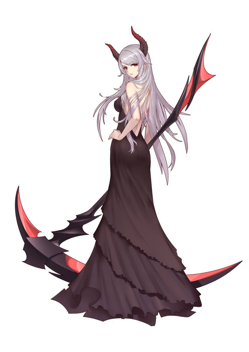 1girl ass back backless_dress backless_outfit bangs black_dress breasts demon_horns dress erect_nipples eyebrows_visible_through_hair gown hand_on_hip highres horns layered_dress liu_lan long_hair looking_at_viewer looking_back medium_breasts original parted_lips red_eyes scythe silver_hair simple_background solo standing swept_bangs white_background