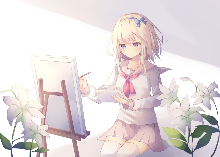 1girl absurdres blonde_hair blue_bow blue_eyes blue_hairband bow closed_mouth collarbone colored_eyelashes commentary_request easel gloves hair_bow hairband highres holding holding_paintbrush long_hair long_sleeves original paintbrush painting pink_sailor_collar pink_skirt pleated_skirt sailor_collar school_uniform serafuku shirt sitting skirt sleeves_past_wrists smile solo thigh-highs tsuruse white_gloves white_legwear white_shirt