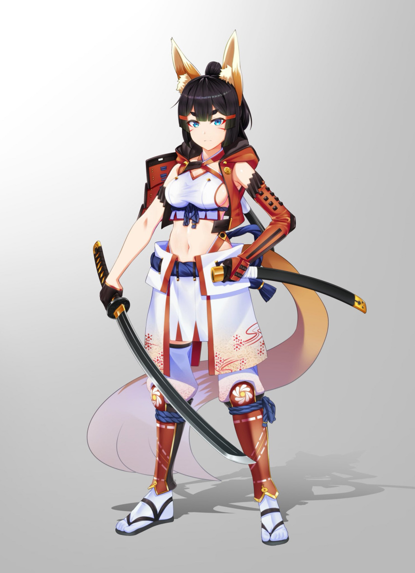 1girl animal_ears armor bangs black_gloves black_hair blue_eyes blunt_bangs breasts closed_mouth commentary_request detached_sleeves facial_mark fox_ears fox_tail gloves grey_background hair_ornament hairclip half_gloves highres holding holding_sword holding_weapon japanese_armor kagiyama_(gen'ei_no_hasha) katana kusazuri large_breasts legs_apart looking_at_viewer midriff navel original samurai sandals sash scabbard shadow sheath single_detached_sleeve solo sword tabi tail thick_eyebrows unsheathed weapon white_legwear