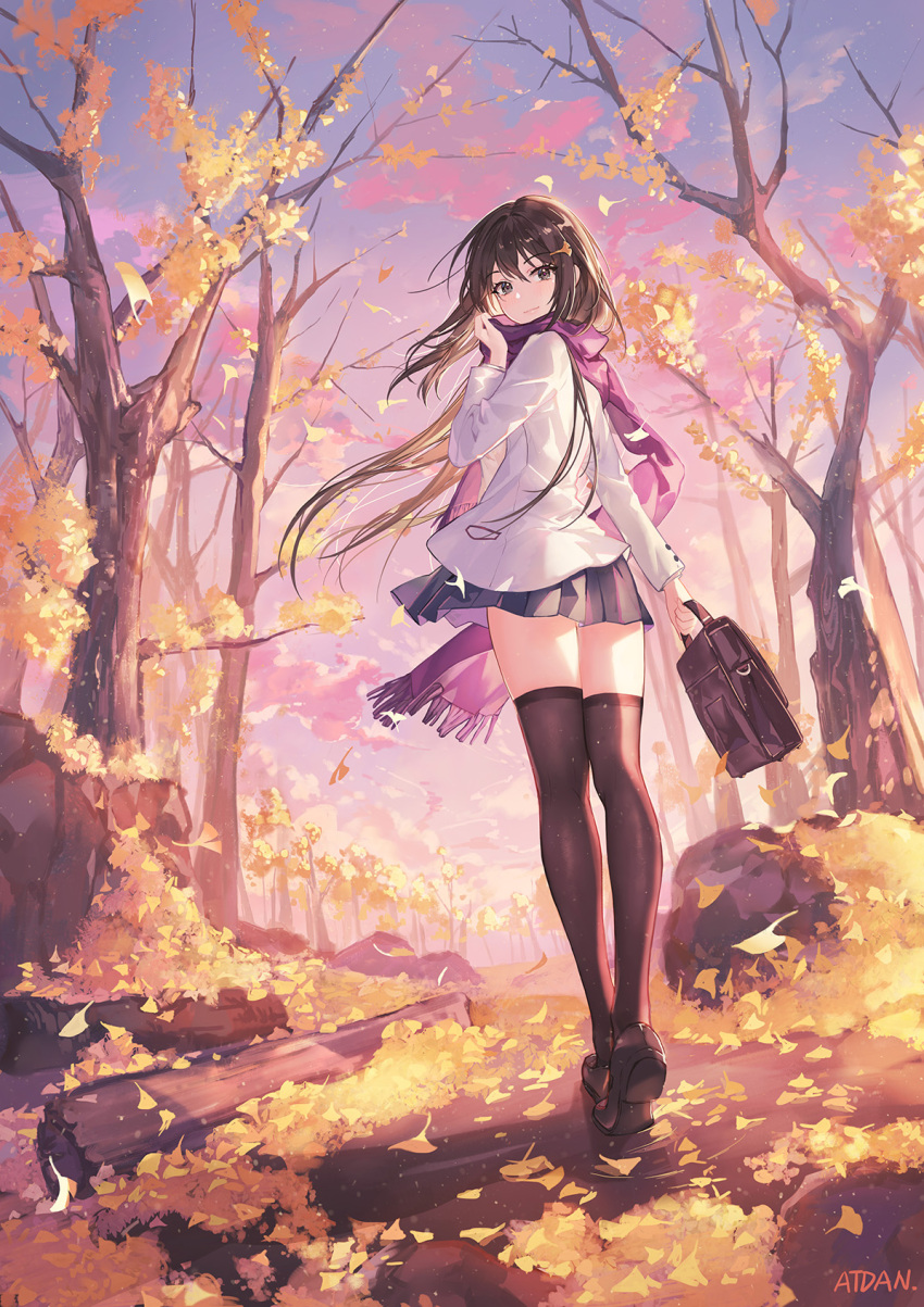 1girl artist_name atdan autumn autumn_leaves bag bangs bare_tree black_legwear black_skirt blazer blue_sky blush brown_eyes brown_hair closed_mouth clouds commentary_request evening eyebrows_visible_through_hair fringe_trim from_behind full_body ginkgo ginkgo_leaf hair_between_eyes hair_ornament hand_up highres holding holding_bag jacket loafers long_hair long_sleeves looking_at_viewer looking_back miniskirt original outdoors pink_scarf pleated_skirt purple_scarf revision scarf school_bag school_briefcase school_uniform shoe_soles shoes signature skirt sky smile solo standing thigh-highs tree very_long_hair walking white_jacket wind