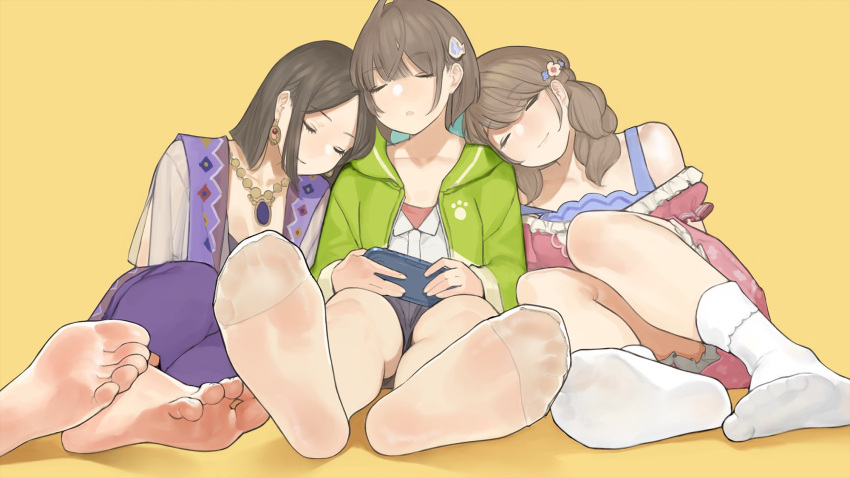 3girls bangs bare_shoulders barefoot breasts brown_hair cellphone closed_eyes closed_mouth collarbone dress earrings end_card eyebrows_visible_through_hair feet game_console green_jacket grey_shorts highres himote_house himote_kinami himote_kokoro himote_tokiyo holding jacket jewelry legs long_hair multiple_girls necklace official_art open_mouth pants pantyhose parted_bangs paw_print phone pink_dress print_jacket purple_pants purple_vest sheer_legwear short_hair shorts siblings simple_background sisters sleeping socks soles toes vest white_legwear yellow_background yomu_(sgt_epper)