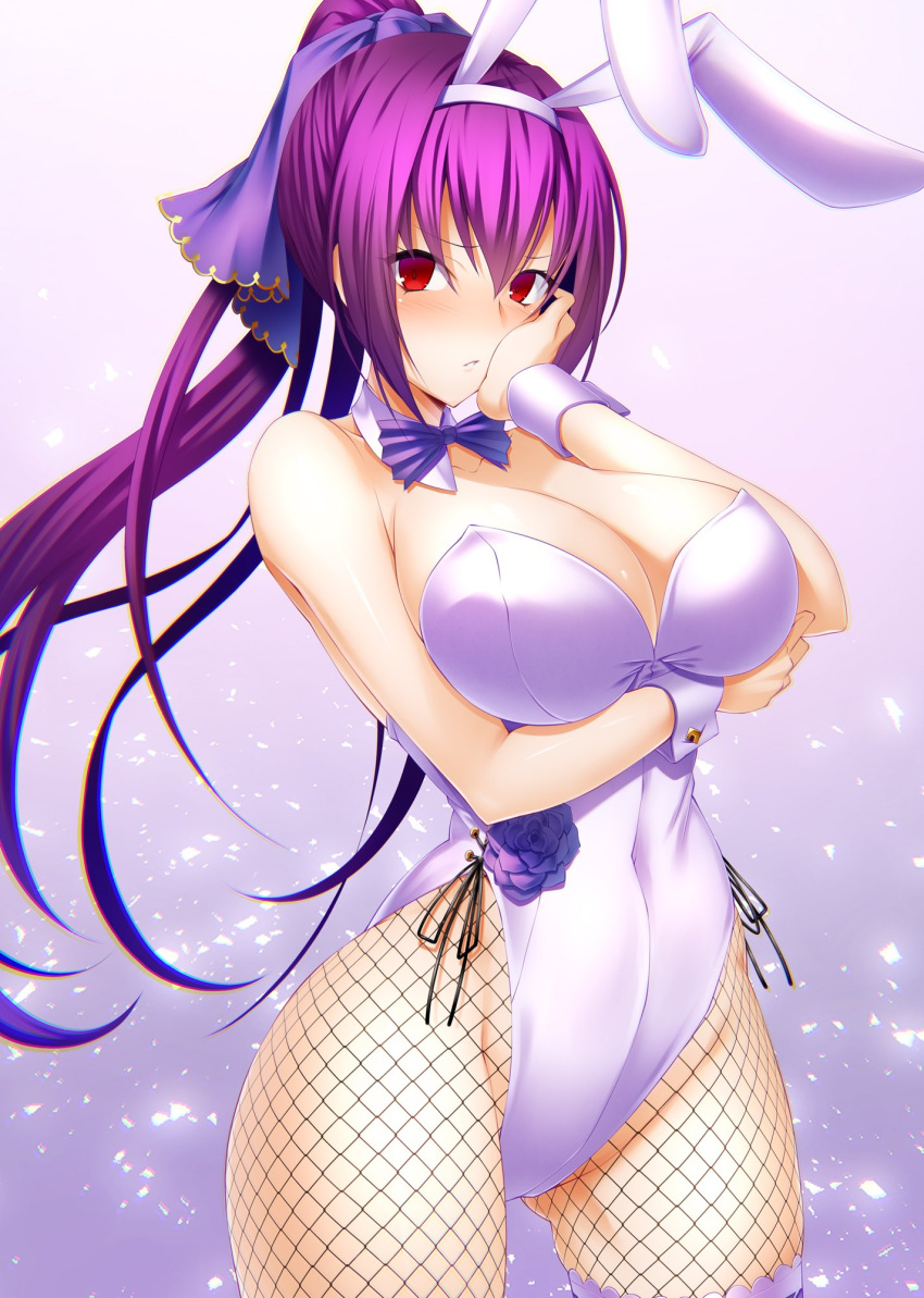 1girl animal_ears arm_under_breasts bangs bare_shoulders blush bow bowtie breast_hold breasts bunnysuit cleavage closed_mouth detached_collar emanon123 fate/grand_order fate_(series) fishnet_pantyhose fishnets flower gradient gradient_background hair_between_eyes hair_ribbon hand_on_own_cheek highleg highleg_leotard highres hips large_breasts leotard long_hair looking_at_viewer pantyhose ponytail purple_flower purple_hair purple_neckwear purple_ribbon purple_rose rabbit_ears red_eyes ribbon rose scathach_(fate)_(all) scathach_skadi_(fate/grand_order) solo thighs white_leotard wrist_cuffs