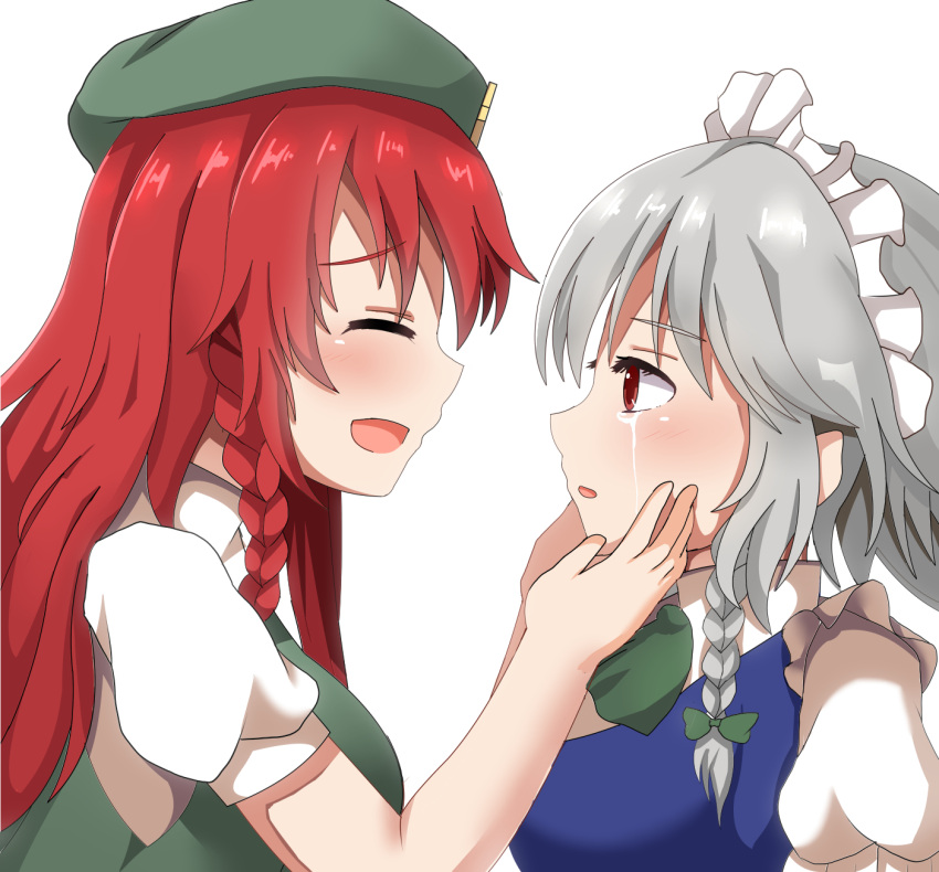 2girls :d blue_vest blush braid closed_eyes commentary_request crying crying_with_eyes_open eyebrows_visible_through_hair facing_another flat_cap from_side green_neckwear green_vest guard_bento_atsushi hair_ribbon hands_on_another's_face hat highres hong_meiling izayoi_sakuya long_hair looking_at_viewer multiple_girls neck_ribbon open_mouth profile puffy_short_sleeves puffy_sleeves red_eyes redhead ribbon shirt short_hair short_sleeves sideways_mouth silver_hair simple_background smile streaming_tears tears touhou tress_ribbon upper_body vest white_background white_shirt yuri