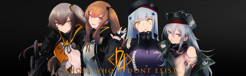 404_(girls_frontline) 4girls armband artist_name bangs belt beret black_background black_bow black_gloves black_jacket black_ribbon black_skirt blunt_bangs blush bow breasts brown_eyes brown_hair buckle character_name clothes_writing coat commentary_request eyebrows_visible_through_hair facial_mark fingerless_gloves g11_(girls_frontline) german_flag girls_frontline gloves green_coat green_eyes grey_hair grey_shirt gun h&amp;k_ump h&amp;k_ump45 hair_between_eyes hair_bow hair_ornament hairclip hand_up hat heckler_&amp;_koch highres hk416_(girls_frontline) holding holding_gun holding_weapon hood hooded_jacket jacket kojima_(blue_stardust) long_hair looking_at_viewer medium_breasts multiple_girls name_tag neck_ribbon one_eye_closed one_side_up open_clothes open_coat open_jacket open_mouth red_eyes ribbon scar scar_across_eye scarf scarf_on_head shirt shoulder_cutout sidelocks silver_hair simple_background skirt small_breasts smile solo submachine_gun teardrop twintails ump45_(girls_frontline) ump9_(girls_frontline) untucked_shirt upper_body very_long_hair weapon white_shirt