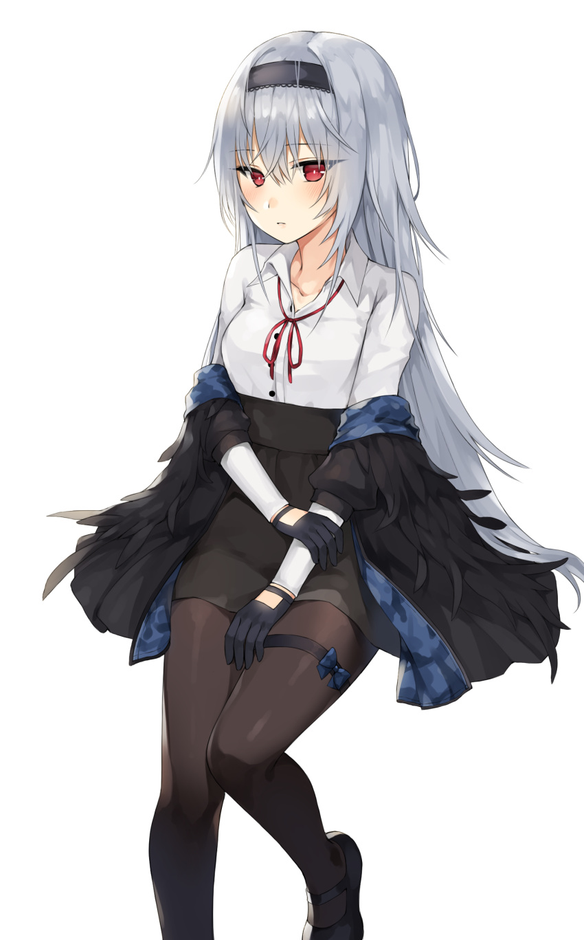 1girl absurdres bangs black_footwear black_gloves black_hairband black_skirt blush breasts brown_legwear canape_(canape0130) collarbone collared_shirt commentary dress_shirt english_commentary eyebrows_visible_through_hair girls_frontline gloves hair_between_eyes hairband high-waist_skirt highres long_hair long_sleeves looking_at_viewer neck_ribbon off_shoulder pantyhose parted_lips red_eyes red_ribbon ribbon shirt shoes silver_hair simple_background skirt small_breasts solo thunder_(girls_frontline) very_long_hair white_background white_shirt