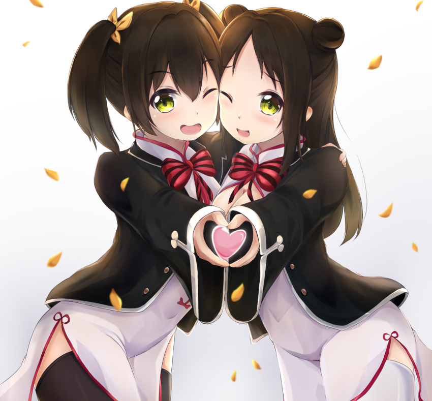 2girls ;d bangs black_jacket blazer blush bow breasts brown_hair brown_legwear cheek-to-cheek china_dress chinese_clothes cleavage cleavage_cutout commentary_request double_bun dress eyebrows_visible_through_hair gradient gradient_background grey_background hair_between_eyes hand_on_another's_shoulder heart heart_hands heart_hands_duo highres jacket kishuku_gakkou_no_juliet long_hair long_sleeves mctom medium_breasts multiple_girls one_eye_closed open_blazer open_clothes open_jacket open_mouth petals red_bow side_bun sleeves_past_wrists smile striped striped_bow thigh-highs twintails very_long_hair wang_kochou wang_teria white_background white_dress white_legwear