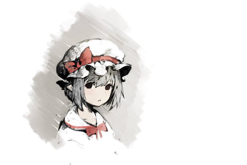 1girl baiguiyu bow brown_eyes grey_hair hair_bow hat highres looking_at_viewer mob_cap neck_ribbon parted_lips pointy_ears portrait red_bow red_neckwear red_ribbon remilia_scarlet ribbon solo symbol_commentary touhou white_hat