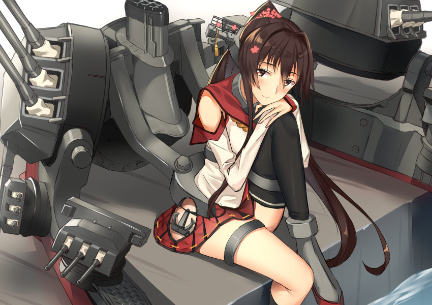1girl bare_shoulders blush breasts brown_eyes brown_hair cannon cherry_blossoms commentary detached_sleeves dock flower hair_flower hair_ornament hands_on_own_knee head_rest headgear highres hip_vent kantai_collection knee_up large_breasts long_hair looking_at_viewer machinery miniskirt open_mouth oriental_umbrella pallad ponytail rigging single_thighhigh sitting skirt smile solo tassel thigh-highs turret umbrella very_long_hair yamato_(kantai_collection)