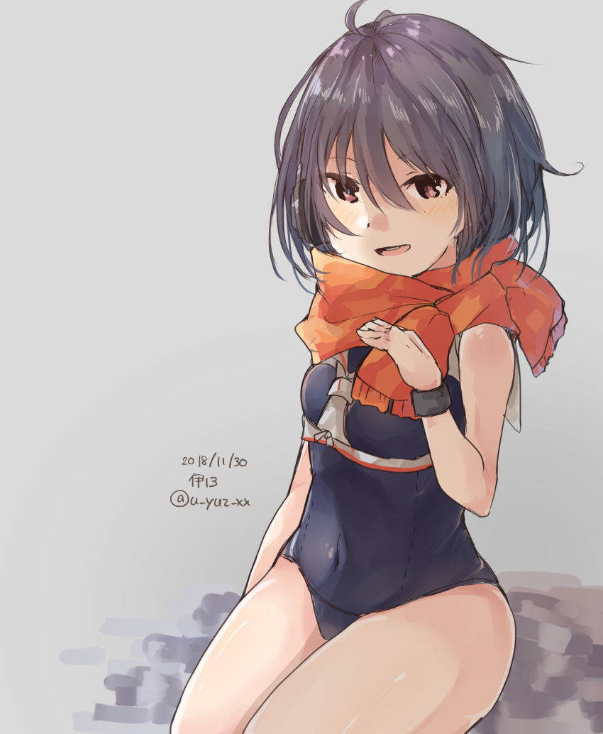 1girl asymmetrical_hair black_hair black_swimsuit brown_eyes character_name dated framed_breasts grey_background hair_between_eyes highres i-13_(kantai_collection) kantai_collection one-piece_swimsuit orange_scarf sailor_collar scarf school_swimsuit short_hair simple_background sitting solo swimsuit twitter_username u_yuz_xx wristband