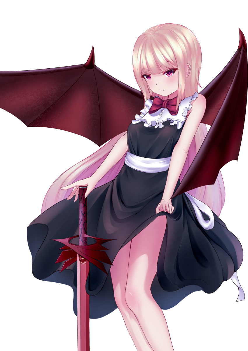 1girl absurdres bare_arms bat_wings black_dress bow bowtie breasts contrapposto cowboy_shot dress dress_lift fang fang_out hand_on_hilt head_tilt highres long_hair looking_at_viewer nearoul_kishi original pink_eyes pink_hair red_neckwear shiny shiny_hair simple_background sleeveless sleeveless_dress slit_pupils small_breasts smile solo standing sword very_long_hair weapon white_background white_sash wings
