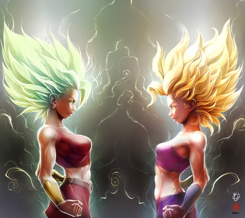 2girls blonde_hair breasts caulifla clenched_hands dragon_ball dragon_ball_super eye_contact green_eyes highres kale_(dragon_ball) looking_at_another medium_breasts midriff multiple_girls muscle signature skirt spiky_hair strapless super_saiyan tank_top tete_(amakuchichiyoko) tubetop