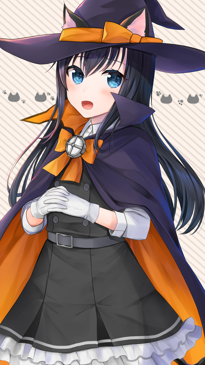 1girl absurdres alternate_costume animal_ears asashio_(kantai_collection) belt belt_buckle black_dress black_hair blue_eyes blush buckle cape cat_ears dress gloves hair_between_eyes halloween halloween_costume hat highres huge_filesize interlocked_fingers kantai_collection long_hair open_mouth paw_print pinafore_dress smile solo white_gloves witch_hat yunamaro