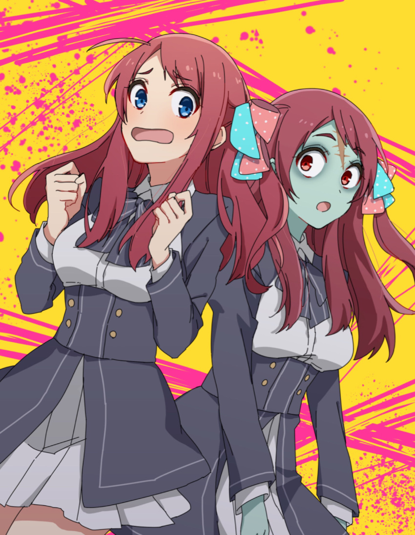 2girls ahoge blue_eyes bow clenched_hand forehead_scar hair_bow hair_ornament highres long_hair minamoto_sakura multiple_girls open_mouth pleated_skirt polka_dot polka_dot_bow red_eyes redhead scared school_uniform skirt surprised underbust white_skirt zombie zombie_land_saga