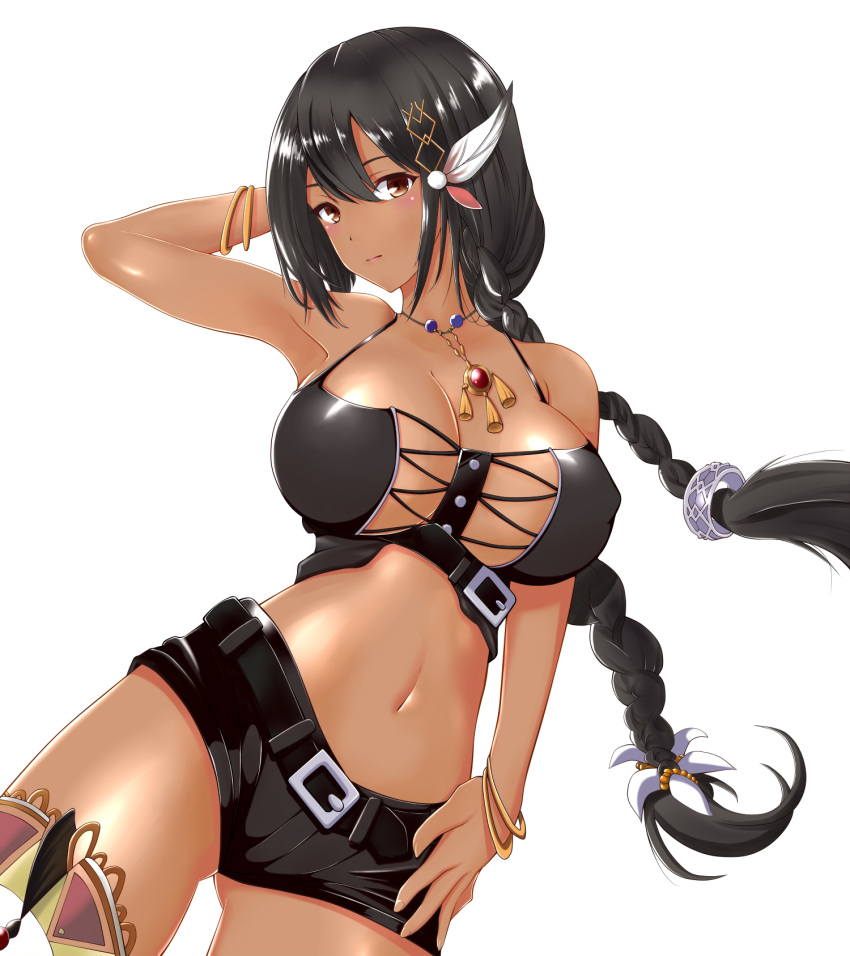 1girl arm_behind_head armpits azur_lane bangs bare_shoulders belt black_hair black_shorts blush bracelet braid breasts brown_eyes cleavage commentary_request crop_top cross-laced_top dark_skin dutch_angle feathers hair_between_eyes hair_feathers hair_ornament hand_on_hip highres jewelry large_breasts legs long_hair looking_at_viewer low_braid native_american navel necklace short_shorts shorts solo south_dakota_(azur_lane) zubi_(skylinezb)