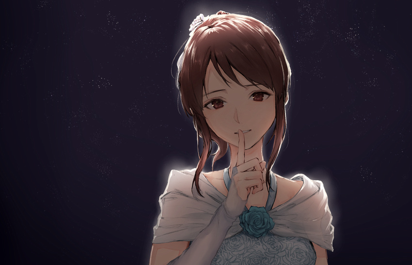 1girl backlighting bridal_gauntlets brown_eyes brown_hair commentary corsage dress elbow_gloves finger_to_mouth floral_print flower gloves hair_ornament highres idolmaster idolmaster_cinderella_girls index_finger_raised kouzuki_kei long_hair looking_at_viewer mifune_miyu night night_sky parted_lips ponytail see-through sky smile solo star_(sky) starry_sky upper_body