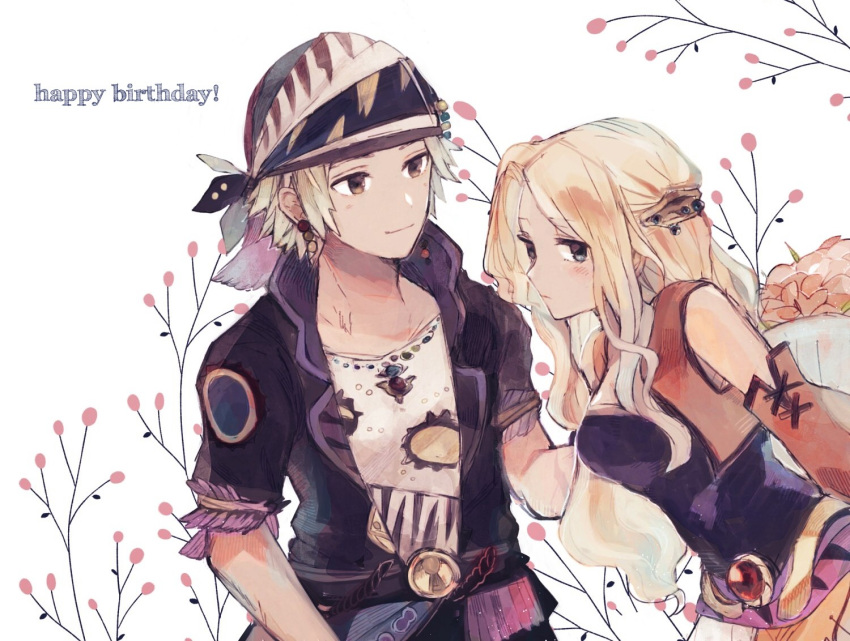 1boy 1girl bandanna blonde_hair blue_eyes breasts brown_eyes brown_vest celes_chere closed_mouth detached_sleeves earrings final_fantasy final_fantasy_vi happy_birthday jewelry kawasumi_(pixiv326156) lock_cole long_hair medium_breasts necklace open_clothes open_vest short_hair short_sleeves silver_hair smile vest white_background