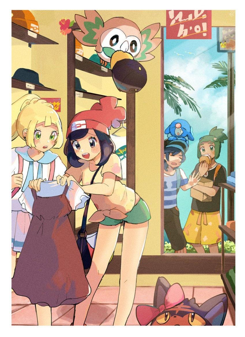 2boys 2girls bag baseball_cap beanie black_hair black_shirt blonde_hair blue_sky bow capri_pants closed_eyes clouds creatures_(company) dark_skin dark_skinned_male dress game_freak gen_7_pokemon green_eyes green_hair green_shorts handbag hat hau_(pokemon) highres lillie_(pokemon) litten long_hair malasada mizuki_(pokemon) multiple_boys multiple_girls nintendo open_mouth pants pink_bow pokemon pokemon_(creature) pokemon_(game) pokemon_sm ponytail popplio red_hat ririmon rowlet shirt short_hair short_sleeves shorts skirt sky standing striped striped_shirt tied_shirt white_shirt white_skirt window you_(pokemon)