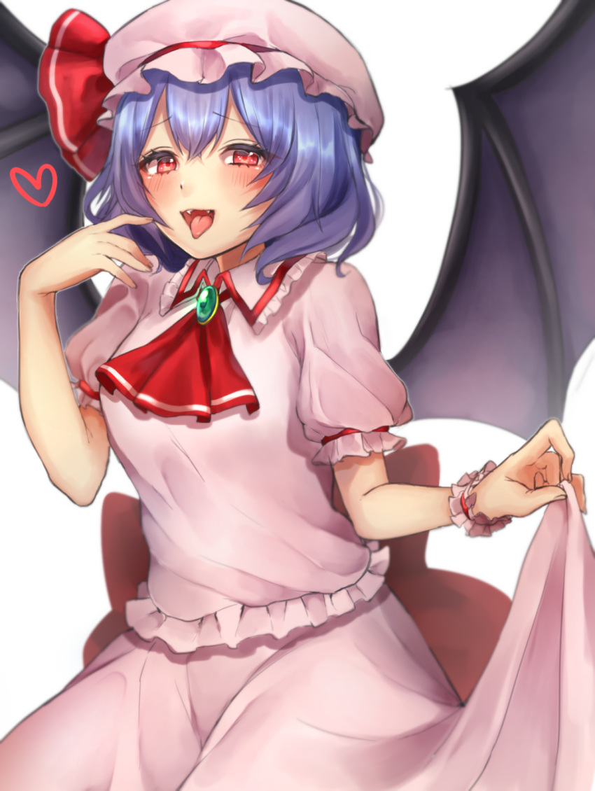 1girl :d ascot bangs bat_wings blue_hair breasts brooch commentary_request cowboy_shot dress eyebrows_visible_through_hair fangs frilled_shirt_collar frills hair_between_eyes hand_up hat hat_ribbon heart highres jewelry looking_at_viewer medium_breasts mob_cap open_mouth pink_dress pink_hat puffy_short_sleeves puffy_sleeves red_eyes red_neckwear red_ribbon remilia_scarlet ribbon short_hair short_sleeves simple_background skirt_hold smile solo tongue tongue_out touhou white_background wing_collar wings wrist_cuffs yayoimaka03