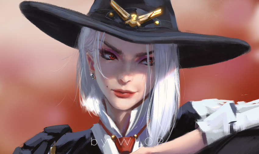 1girl ashe_(overwatch) black_hat blurry blurry_background closed_mouth depth_of_field earrings hat highres jewelry lipstick long_sleeves looking_to_the_side makeup mole mole_above_mouth necktie overwatch portrait red_eyes red_lipstick red_neckwear skull_earrings smile solo white_hair wlop