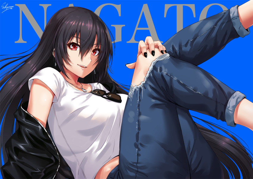 1girl bangs black_hair black_jacket black_nails black_pants blue_background blush breasts character_name denim earrings hair_between_eyes jacket jeans jewelry kantai_collection large_breasts leaning_back legs_up long_hair looking_at_viewer nagato_(kantai_collection) nail_polish off_shoulder open_clothes open_jacket open_mouth pants red_eyes sakiyamama shirt sitting smile solo sunglasses t-shirt thighs white_shirt