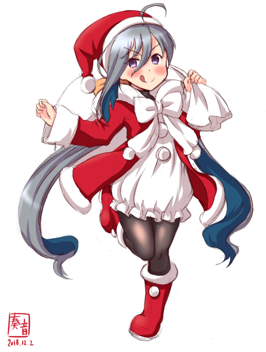 1girl :d ahoge alternate_costume artist_logo black_legwear blue_hair boots christmas dated dress full_body grey_eyes grey_hair hair_between_eyes hair_bun hat highres kanon_(kurogane_knights) kantai_collection kiyoshimo_(kantai_collection) long_hair long_sleeves looking_at_viewer low_twintails meme_attire open_mouth pantyhose red_dress red_footwear sack santa_costume santa_hat simple_background smile solo standing standing_on_one_leg tongue tongue_out twintails very_long_hair white_background white_dress