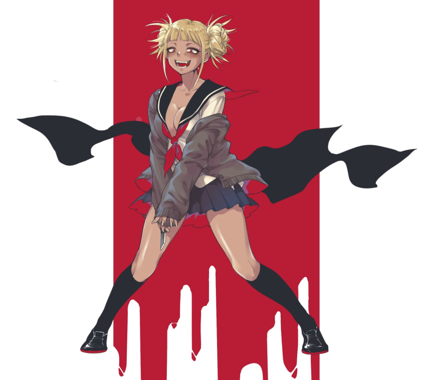 1girl bangs black_footwear black_legwear blonde_hair blush boku_no_hero_academia cgiftrsnut double_bun fangs highres jacket knife long_sleeves pleated_skirt red_eyes school_uniform short_hair simple_background skirt sleeves_past_wrists smile solo toga_himiko white_background