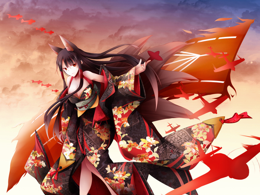 akagi_(azur_lane) alternate_costume animal_ears azur_lane bangs black_kimono blunt_bangs breasts cleavage eyeliner eyeshadow fox_ears fox_girl fox_tail fudo_shin highres japanese_clothes kimono kitsune makeup multiple_tails red_eyes tail