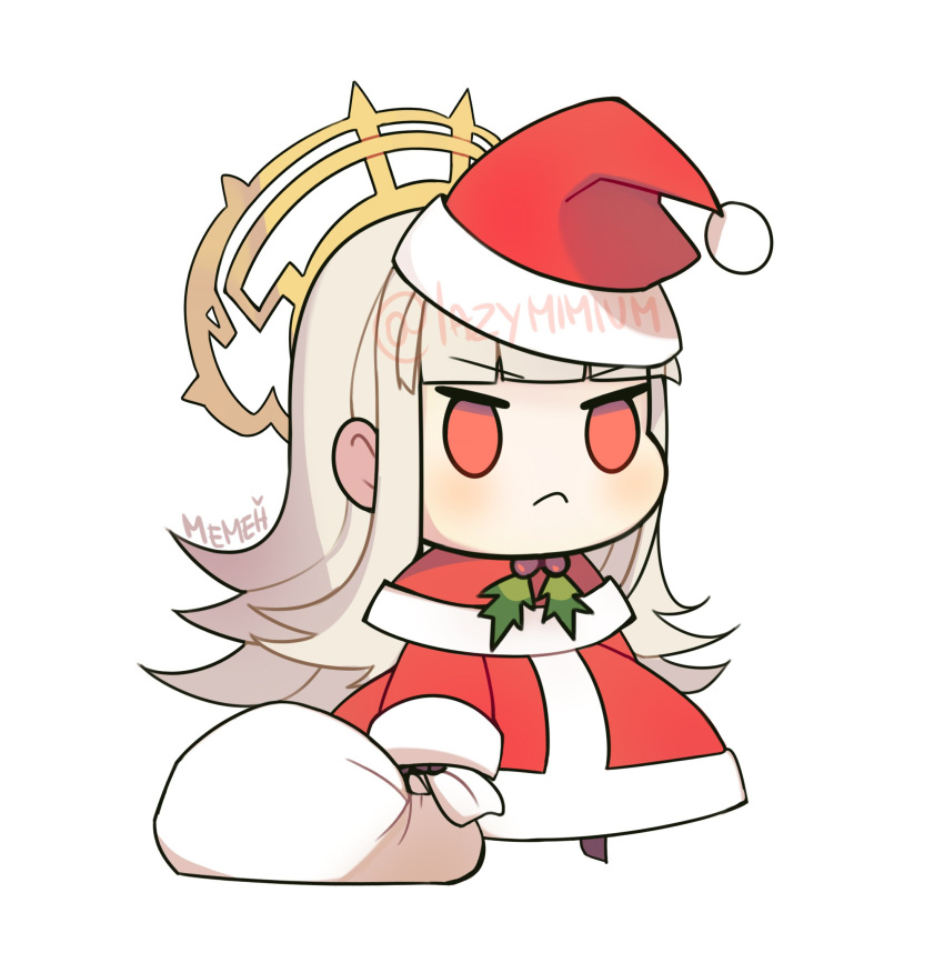 1girl artist_name chibi closed_mouth fate/extra fate/grand_order fate_(series) fire_emblem fire_emblem_heroes frown grey_hair hat highres intelligent_systems lazymimium long_hair long_sleeves nero_claudius_(fate)_(all) nero_claudius_(fate)_(cosplay) nintendo padoru red_eyes red_hat sack santa_costume santa_hat simple_background solo standing tokyo_mx twitter_username type-moon veronica_(fire_emblem) white_background