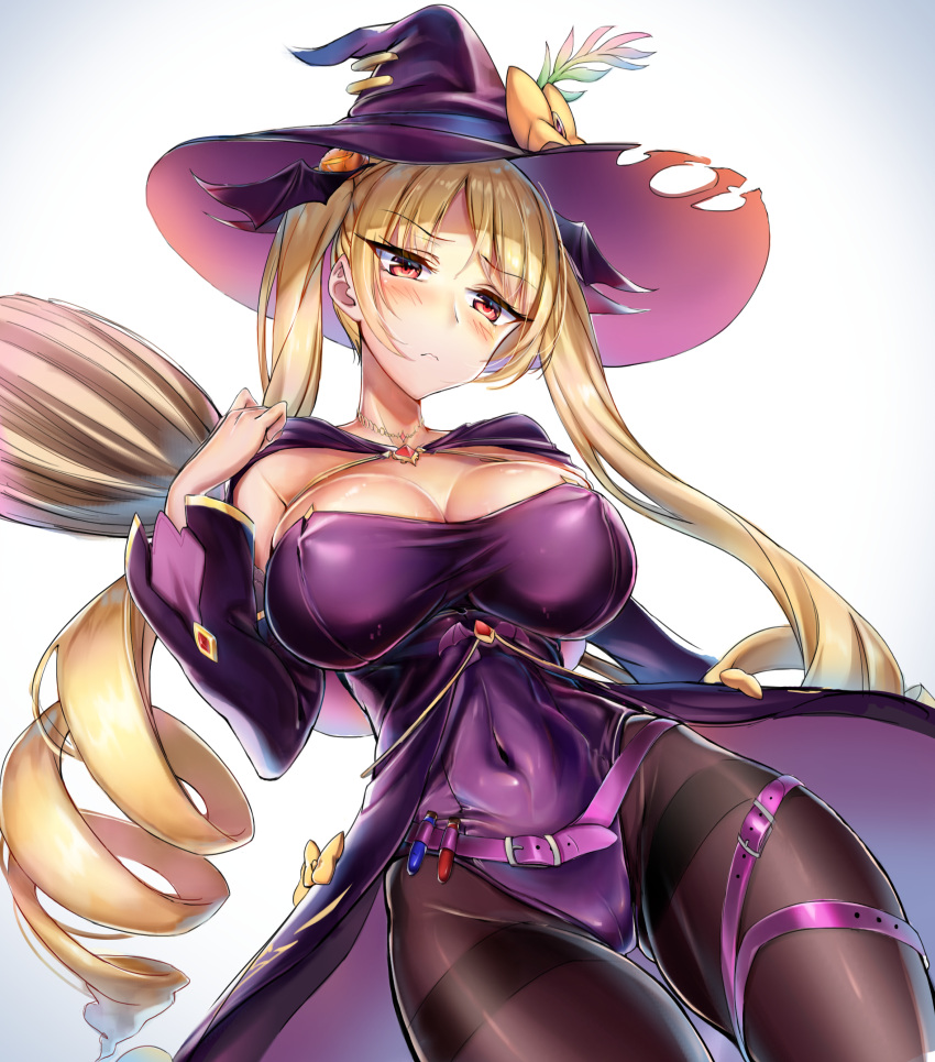 1girl absurdres azur_lane bat_hair_ornament belt blonde_hair blue_background blush bow breasts brooch broom brown_legwear cape cleavage coda_(simon1995) collarbone detached_sleeves eyebrows_visible_through_hair flask food_themed_hair_ornament gradient gradient_background hair_ornament halloween hat hat_bow highres jewelry large_breasts leotard lips long_hair looking_at_viewer nelson_(azur_lane) pantyhose potion pumpkin_hair_ornament purple_leotard red_eyes solo thighband_pantyhose twintails very_long_hair witch witch_hat